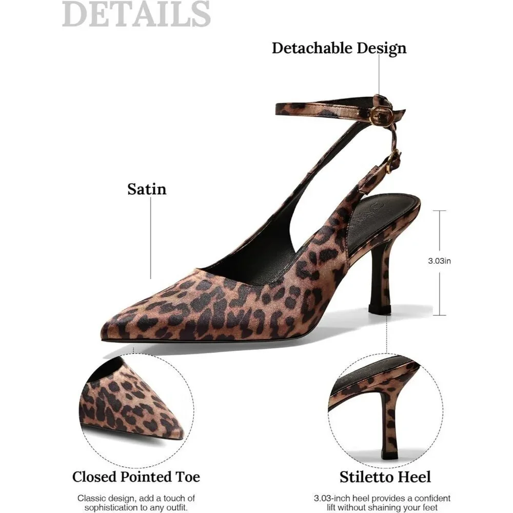 Women's Leopard Pointed Toe High Heels Slingback Stiletto Ankle Strap Pumps